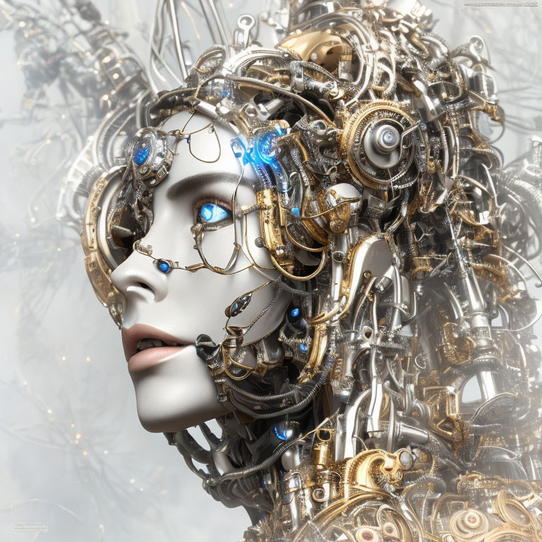 Detailed Female Robot Head with Gold & Silver Gears and Blue Eyes