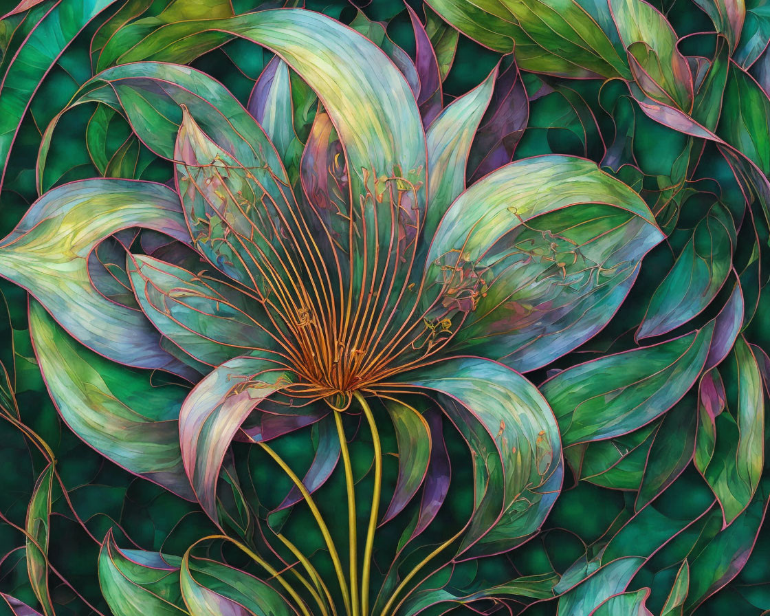Exotic flower illustration with sprawling tendrils and iridescent leaves