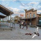 Deserted Western town scene with tied horse and flying geese