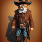 Cat dressed as a sheriff with human-like body on brown background