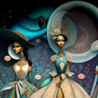 Vibrant celestial beings with peacock motifs in ornate space scene