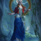 Mystical woman in vibrant blue gown with staff in dreamy forest
