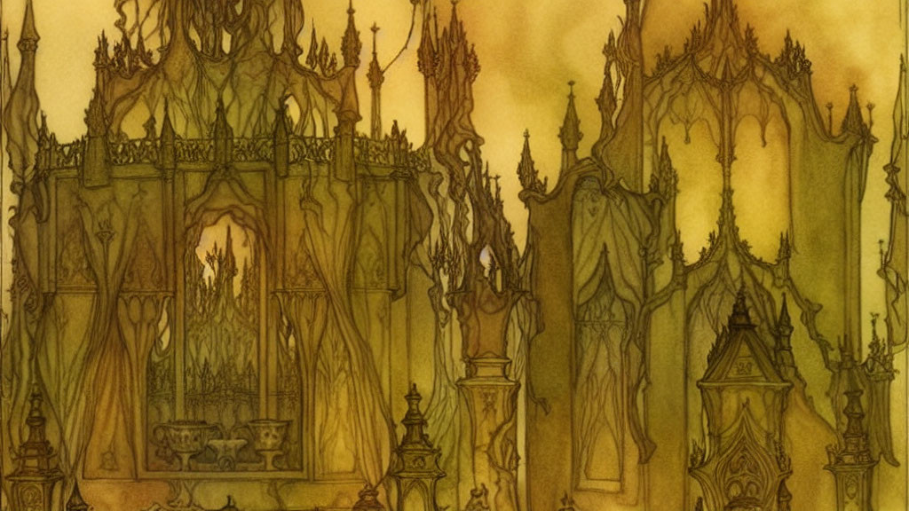 Sepia-Toned Gothic Castle Illustration with Detailed Facade