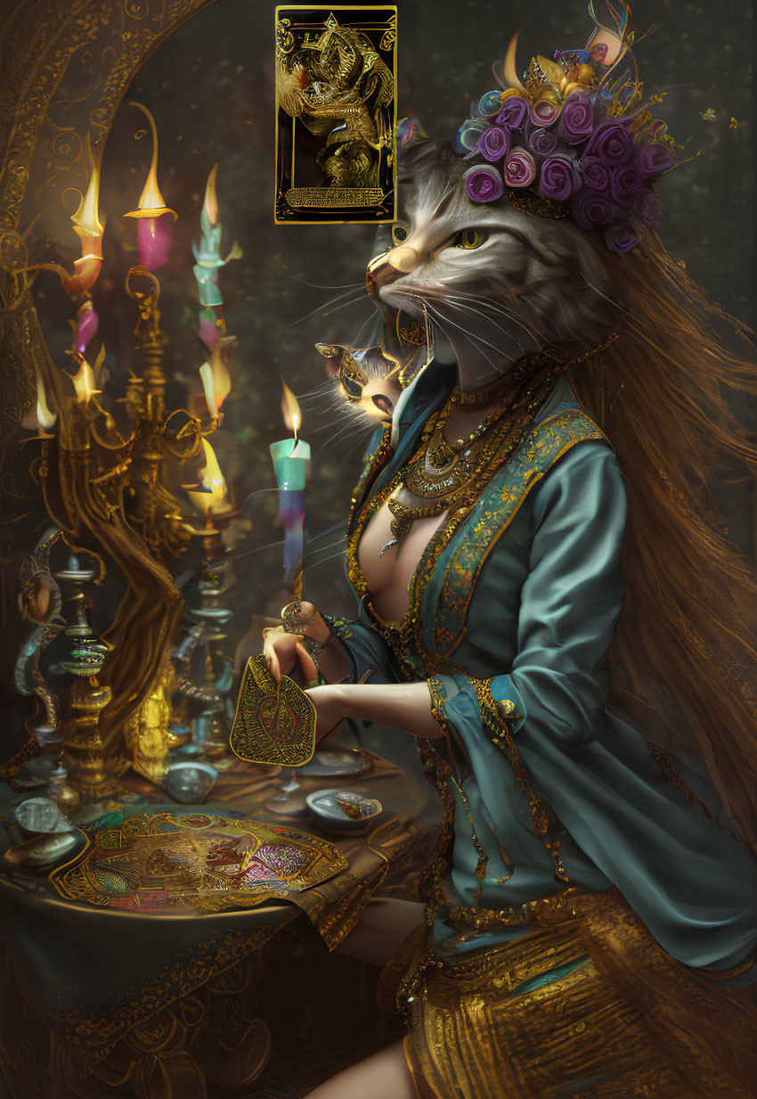 Regal anthropomorphic feline in mystical setting with ornate object and floating card