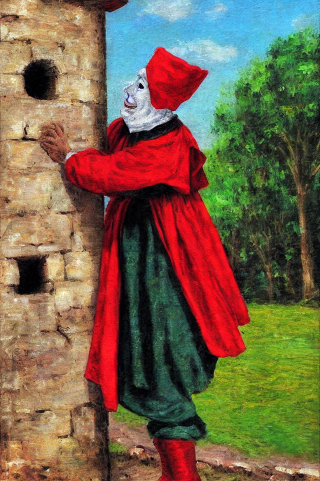 Traditional court jester costume next to stone structure in pastoral setting