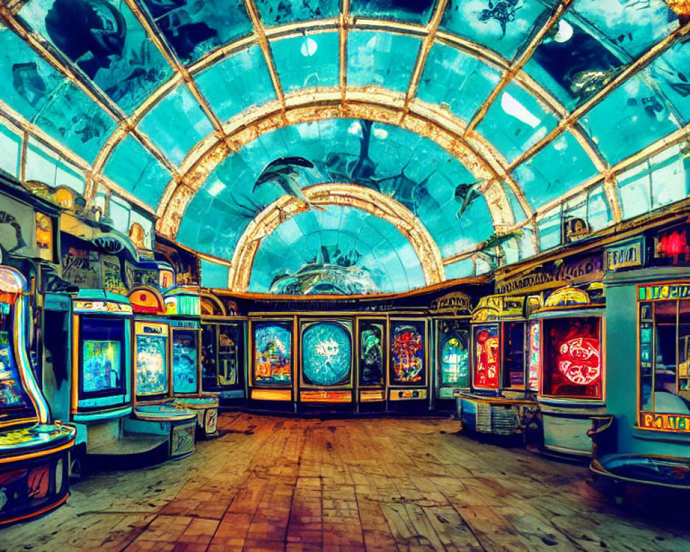Abandoned vintage arcade with gaming machines under glass dome