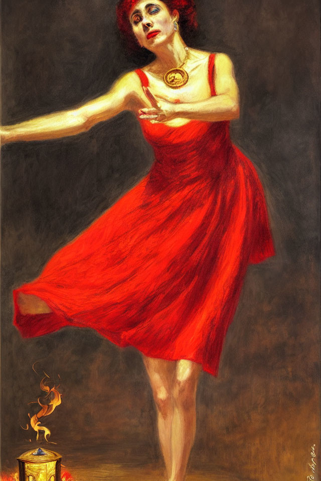 Passionate woman in flowing red dress dancing with intense emotion and flame at her feet
