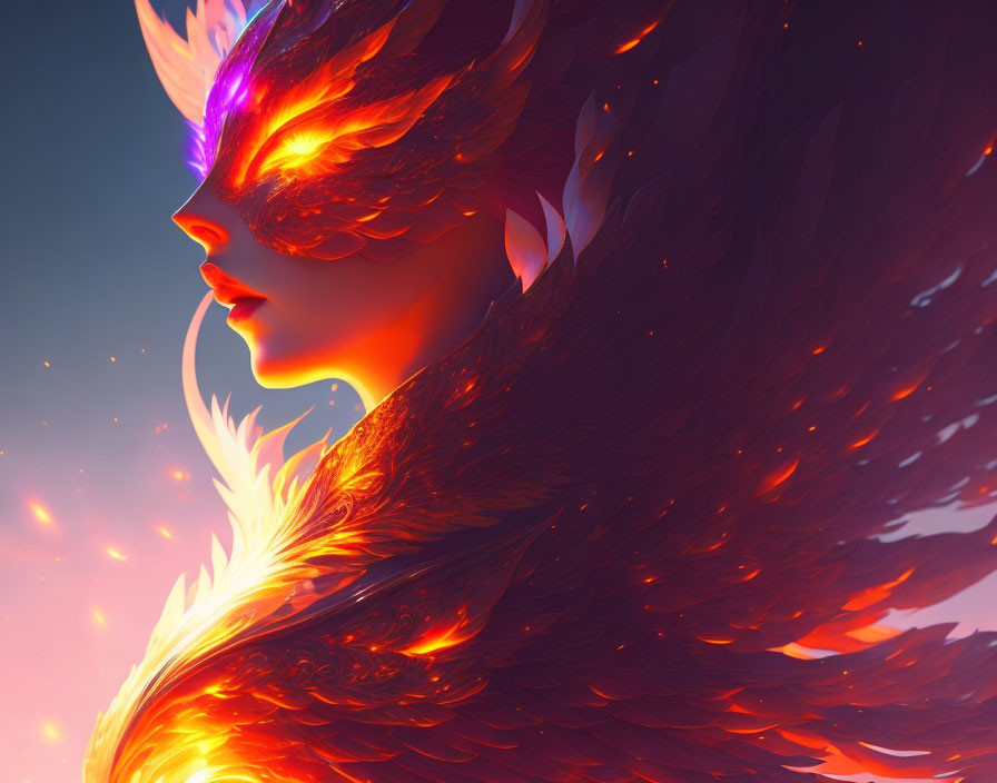 Person with fiery phoenix feathers and vibrant mask on warm backdrop