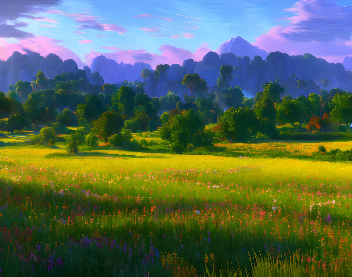 Vibrant Wildflower Meadow with Trees, Blue Sky, and Mountains