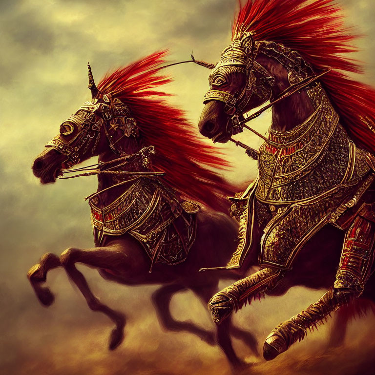 Armored knight on horseback with medieval armor and red plume