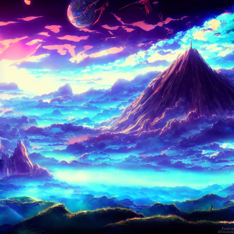 Colorful fantasy landscape with towering mountain and glowing sky