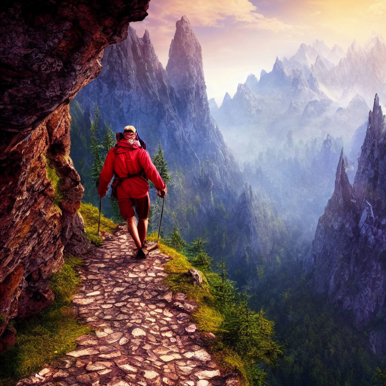 Red-Hiker on Stony Mountain Path at Sunrise