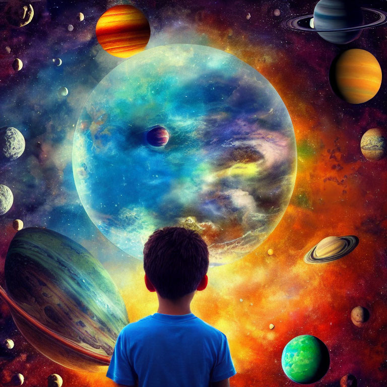 Young boy mesmerized by vibrant cosmic scene with oversized planets and stars.