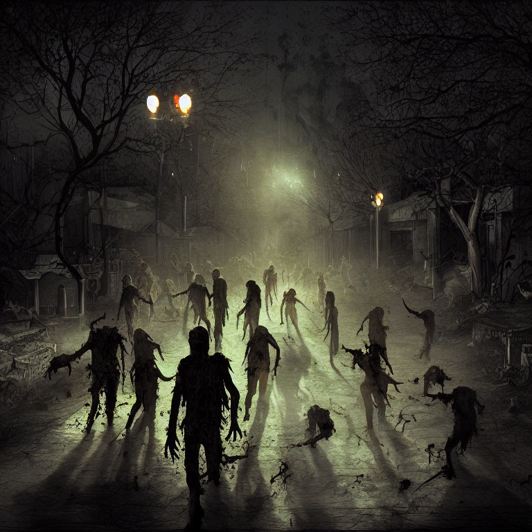 Dark, foggy street scene with zombies under eerie streetlights