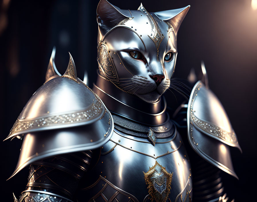 Anthropomorphic cat in medieval armor with intricate metallic designs