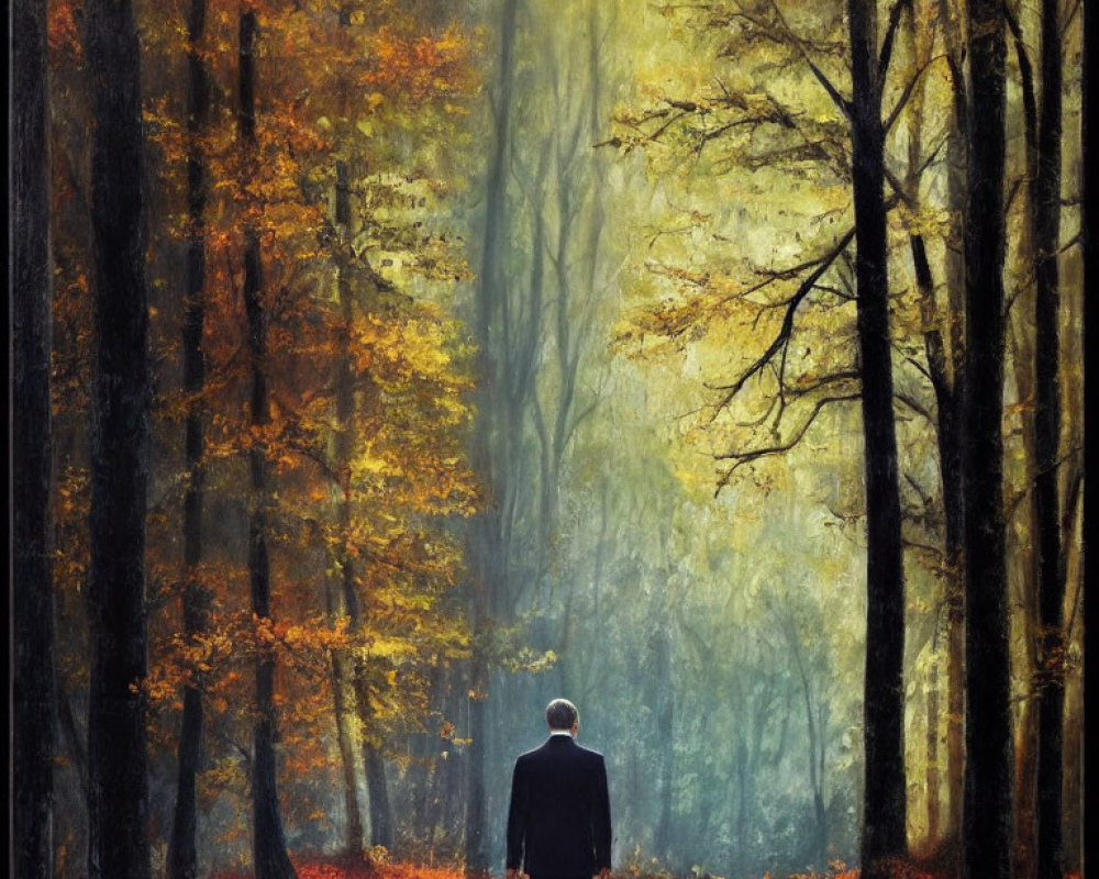Autumn forest scene with solitary figure walking down path