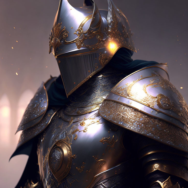 Intricately detailed knight in golden-trimmed armor in dimly lit setting