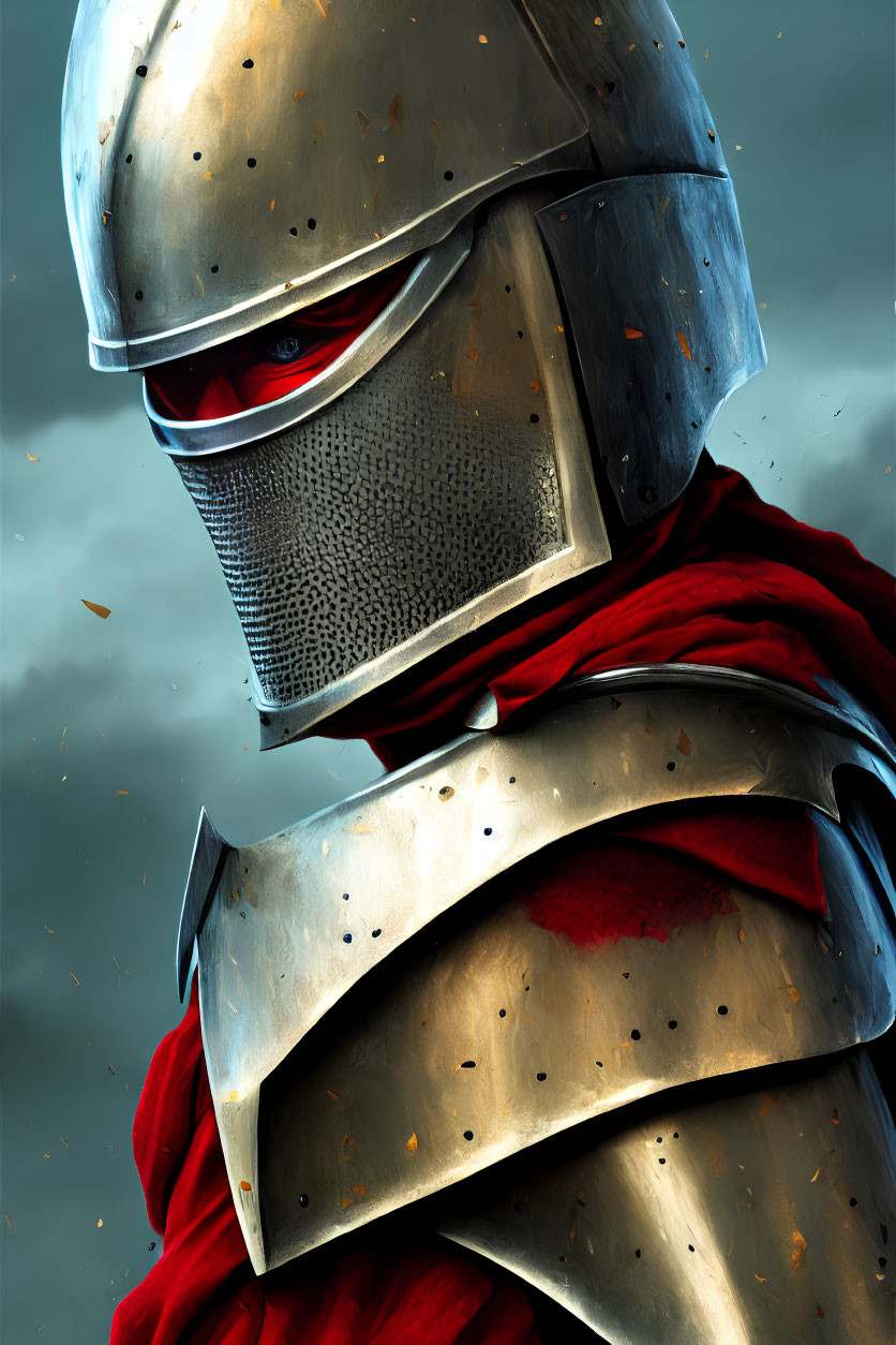 Detailed close-up of knight in shining armor with red eyes and cape
