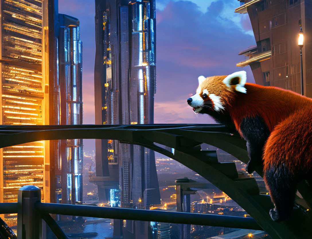 Red panda on railing with illuminated skyscrapers at dusk