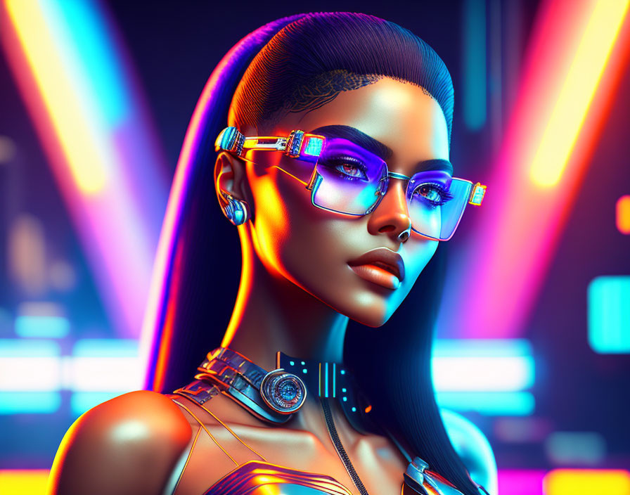 Futuristic woman with cybernetic enhancements and blue-tinted glasses in neon-lit setting