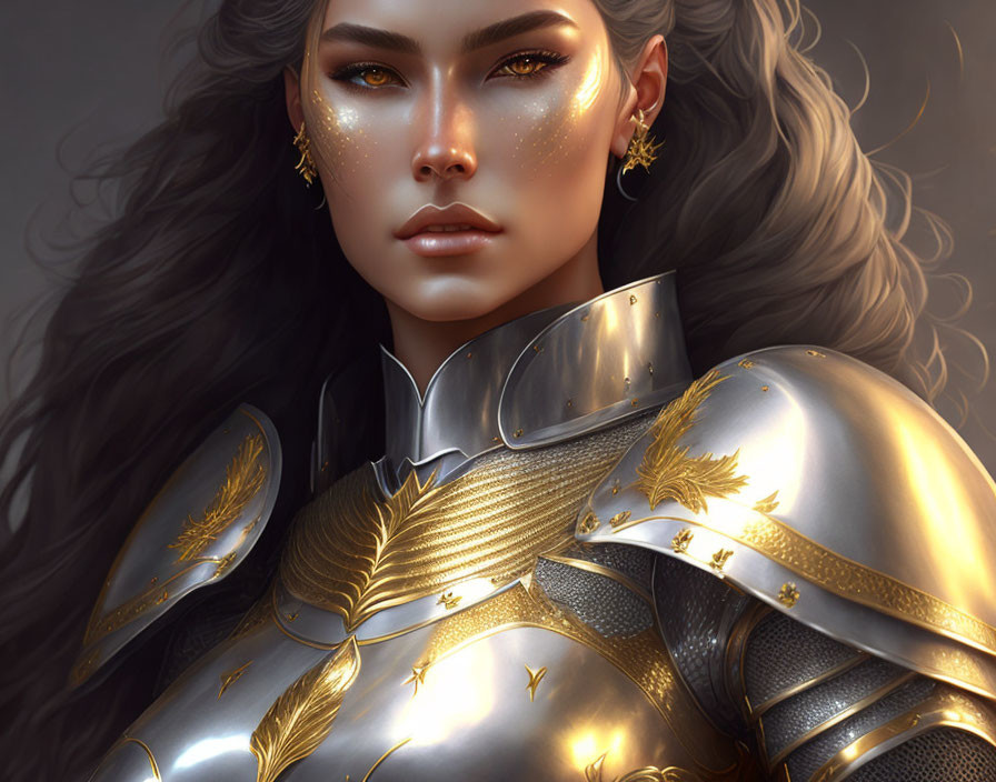 Digital artwork: Woman with dark hair, gold-flecked skin, silver armor with golden leaf motifs