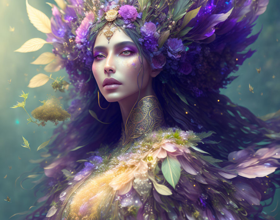 Fantasy portrait of woman with violet eyes in mystical setting
