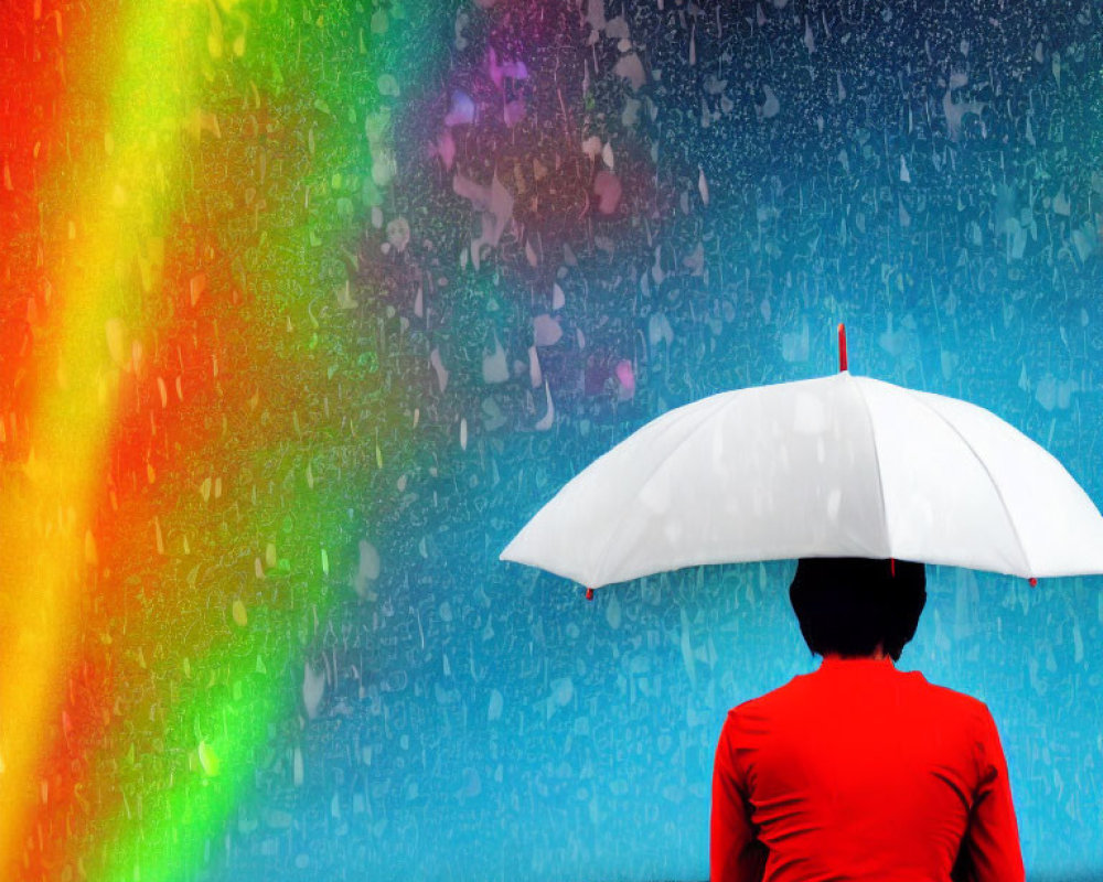 Person in red shirt under white umbrella admires vibrant rainbow in falling rain on blue background