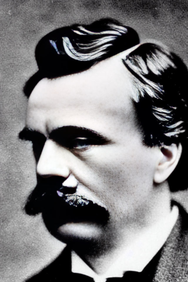 Monochrome portrait of man with mustache and side-parted hair
