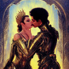Illustrated characters in regal attire kissing with castle backdrop