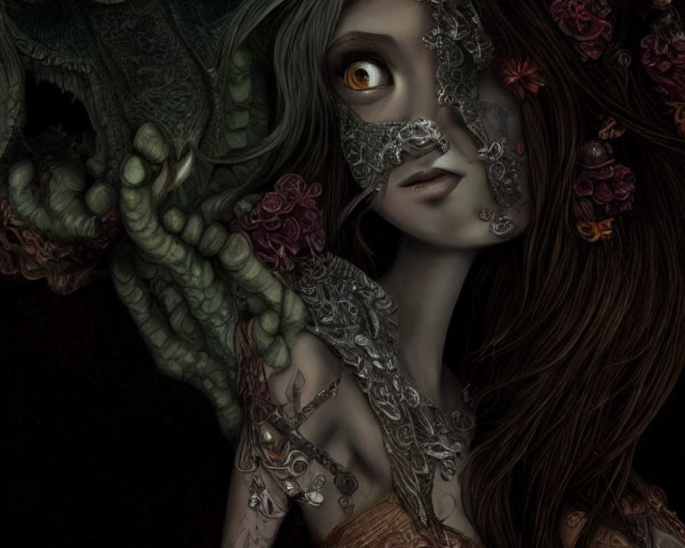 Woman with floral tattoos beside fantastical creature with green scales