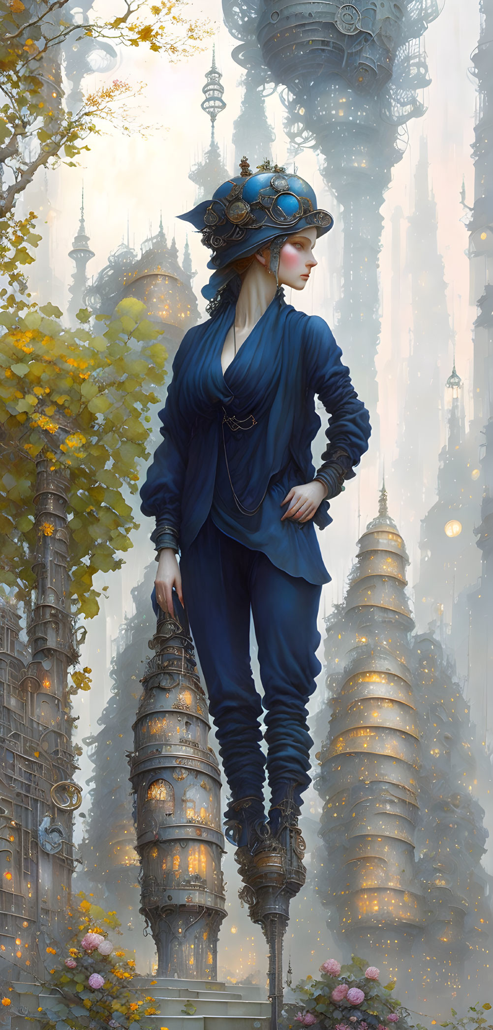 Woman in Blue Outfit and Ornate Hat on Spire with Misty Background