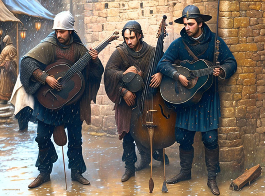 Medieval musicians playing instruments in armor on snowy cobblestone street
