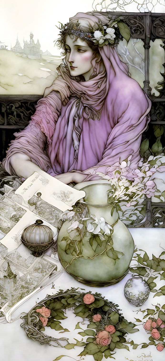 Woman reading letters in pink shawl near vases, gothic window & castle