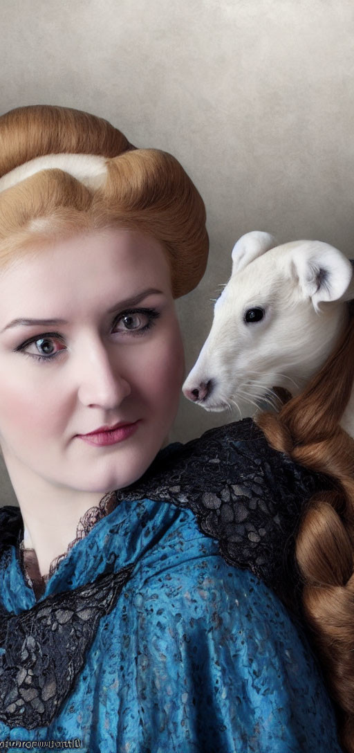 Elaborate updo woman with vintage attire and white ferret on shoulder