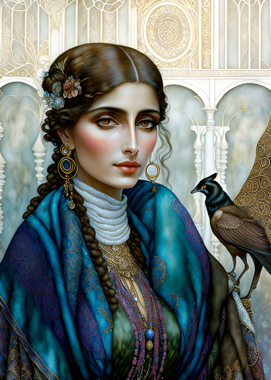 Detailed portrait of woman with makeup, jewelry, blue shawl, crow, and Art Nouveau backdrop