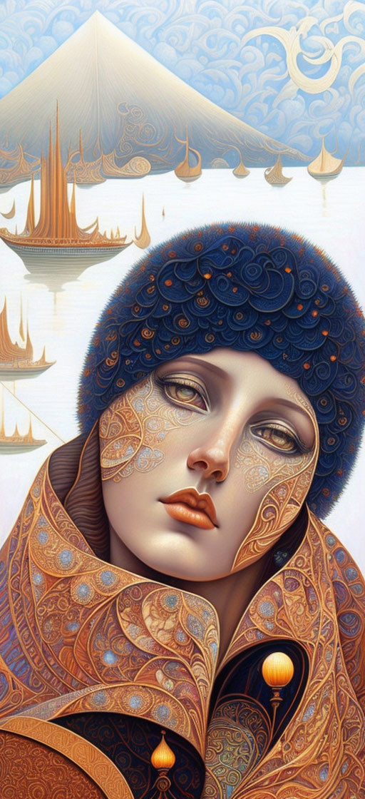 Illustrated woman with golden face patterns and ornate headpiece on ship-themed backdrop