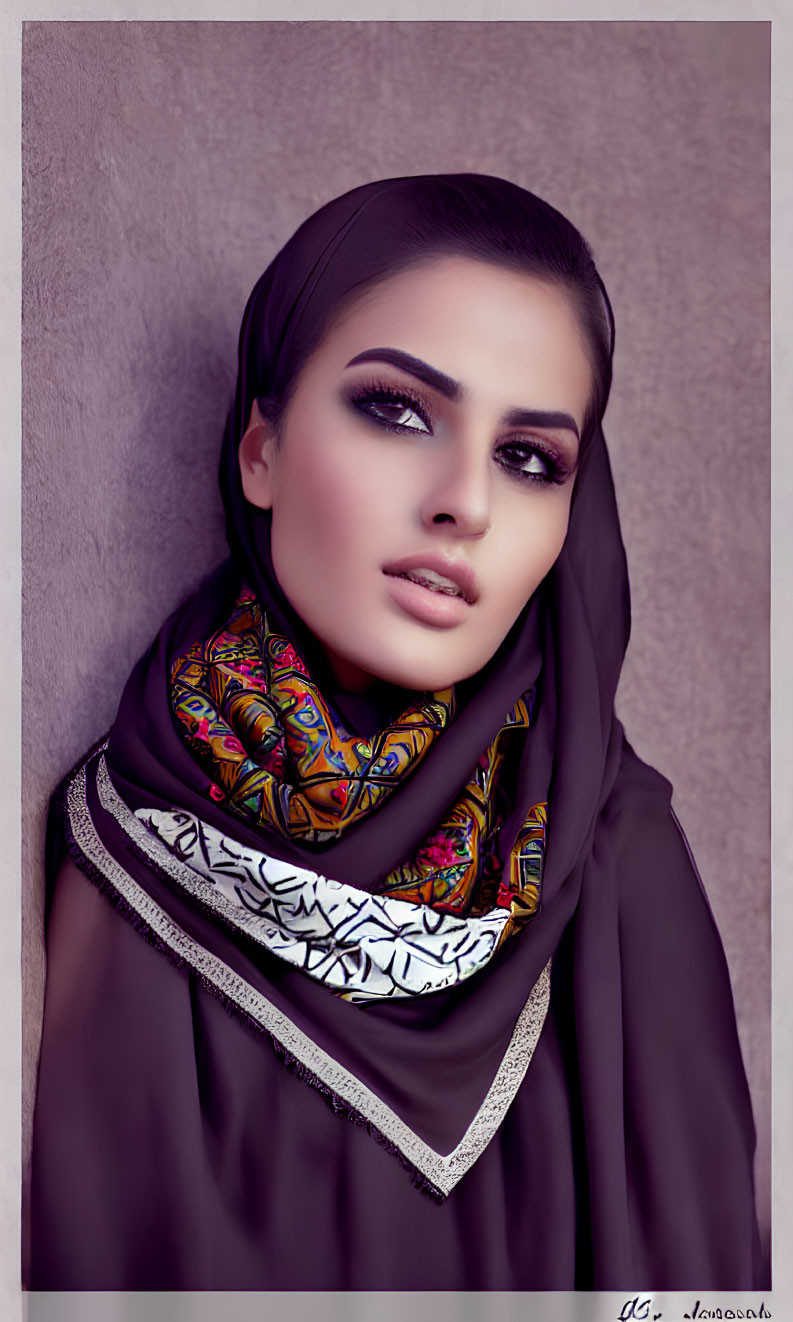 Woman with dramatic makeup in hijab with intricate patterns