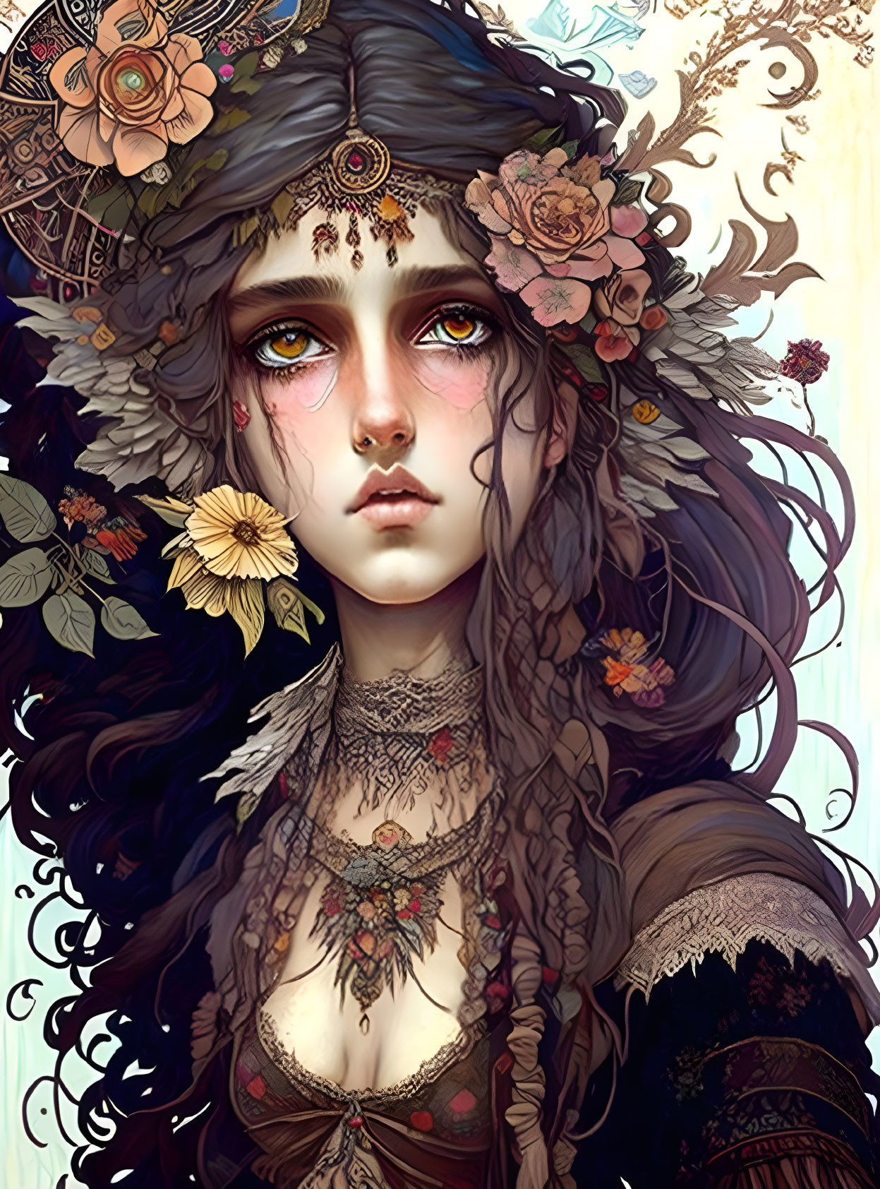 Girl with Dark Wavy Hair Adorned with Flowers and Jewelry