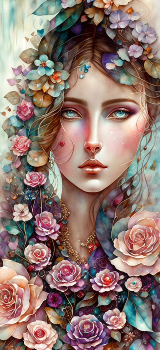 Female Figure Portrait with Floral Elements and Pastel Hues