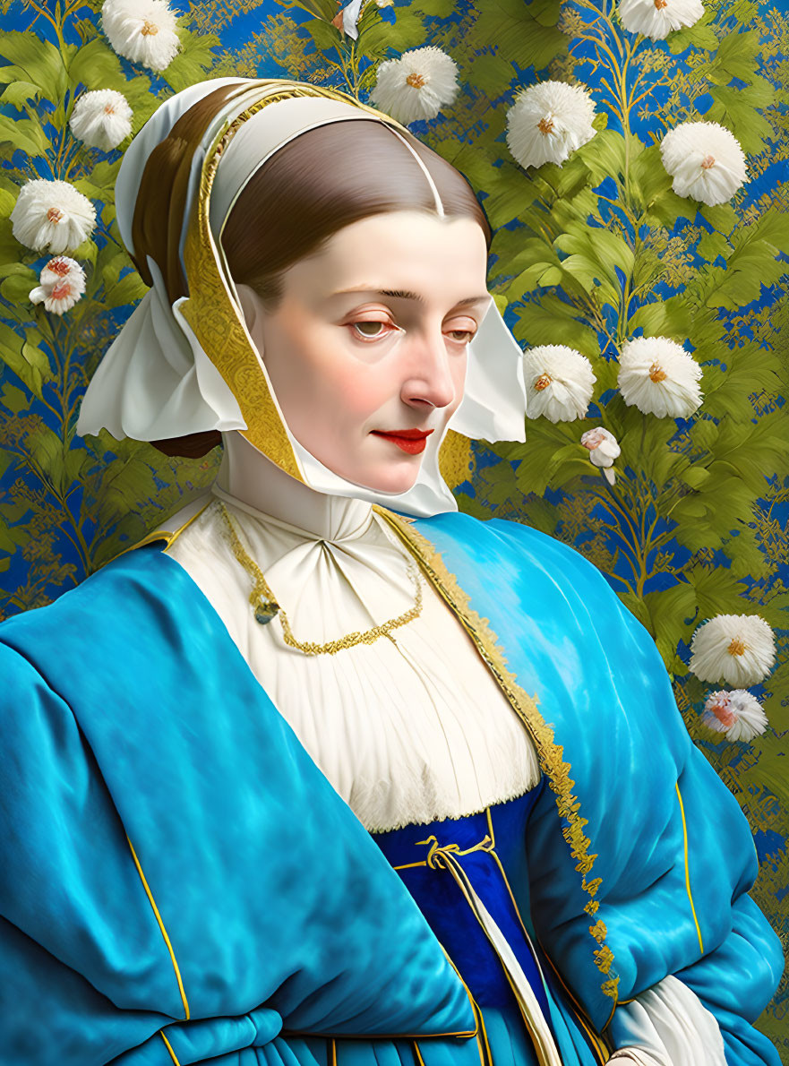 Historical woman portrait in white headdress and blue gown on floral background