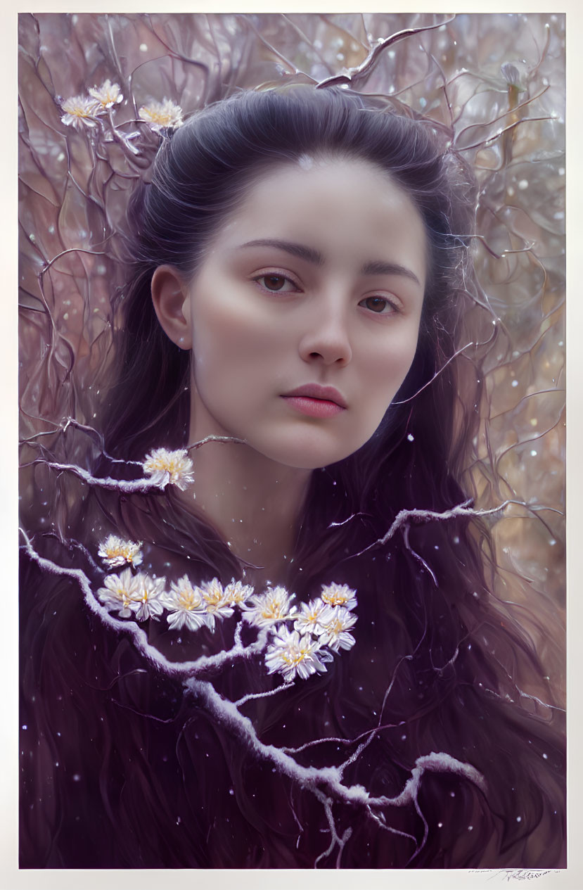 Portrait of Woman with Dark Hair and White Flowers in Serene Winter Setting