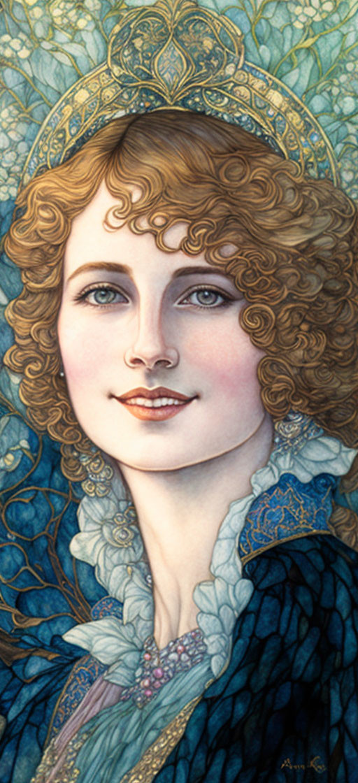Woman with Curly Hair in Decorative Headdress and Blue Garment