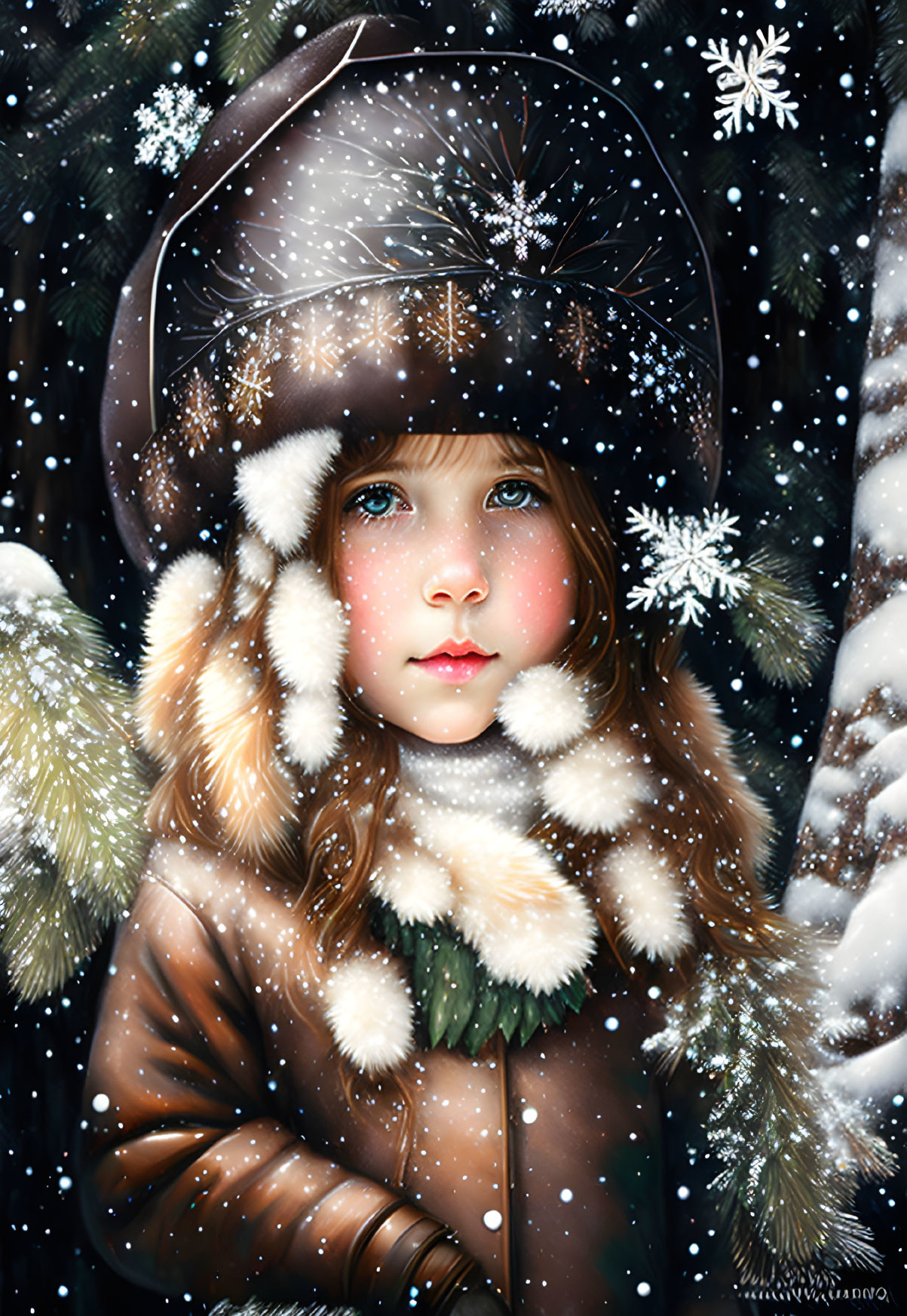 Young girl in winter coat and hat with falling snowflakes and snow-covered trees