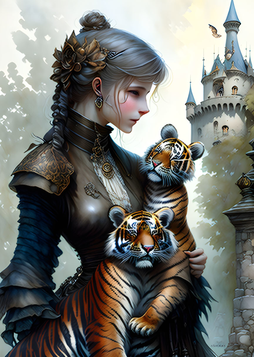 Medieval woman with tiger cubs in front of fantasy castle