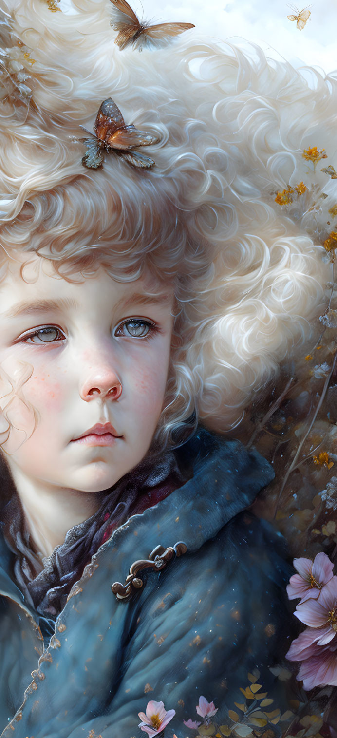 Child with curly hair, butterflies, flowers, blue cloak, wistful expression