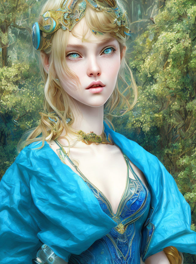 Ethereal woman in royal blue gown with blue eyes, gold accessories, forest backdrop