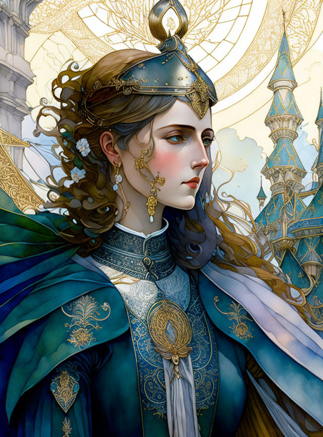 Illustrated female figure in regal attire with headdress and cloak against fantasy castle.