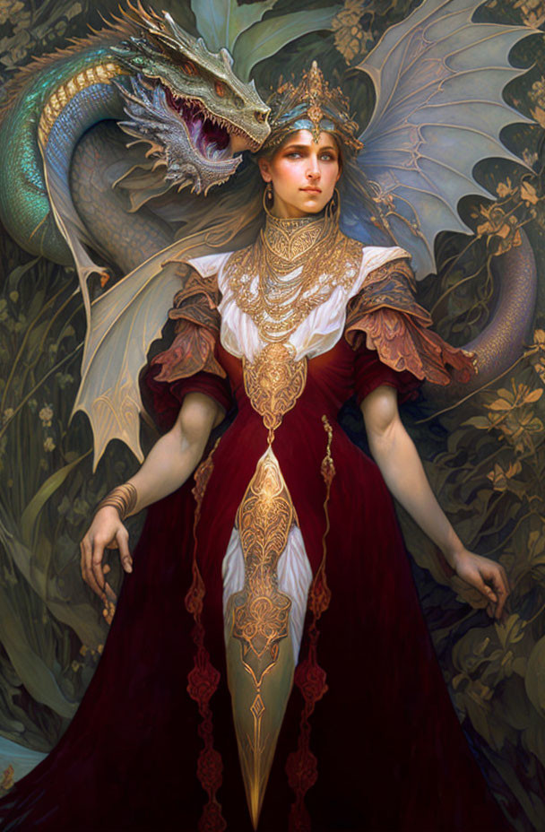 Regal woman in red gown with gold jewelry and crown, accompanied by elegant dragon.