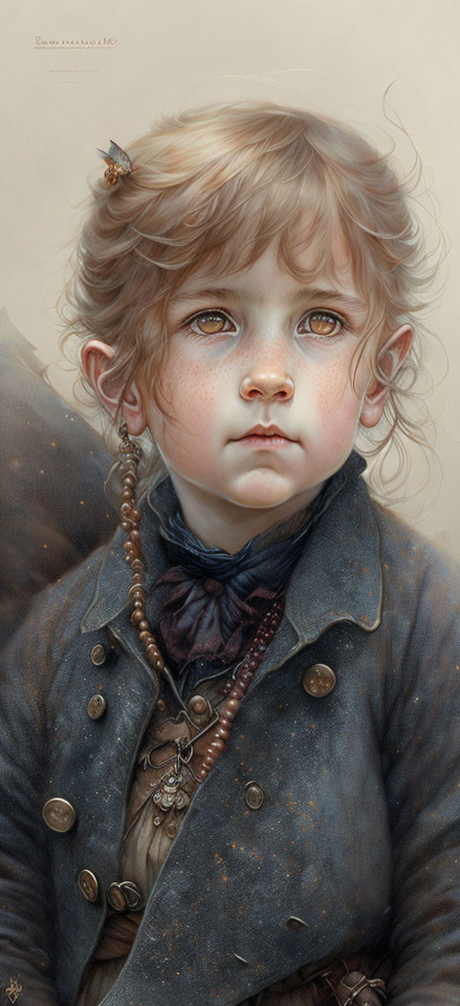 Young Child with Curly Hair in Vintage Coat and Bee Detail