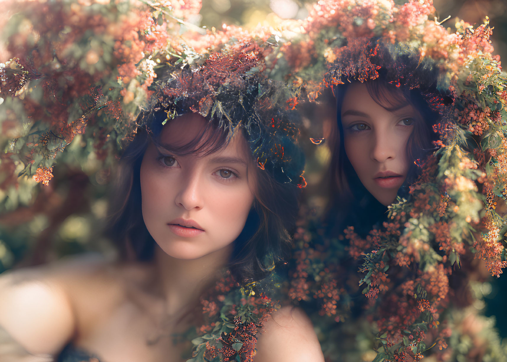 Two women obscured by floral branches in soft-focus with dreamy lighting.